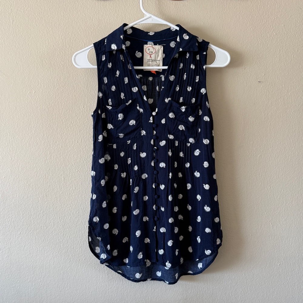 Conversations by Anthropologie Navy Snail Print Pintuck Sleeveless Top Size XXS
